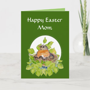 Tarjeta Festiva Mamá feliz en blanco de Pascua, petirrojo de la