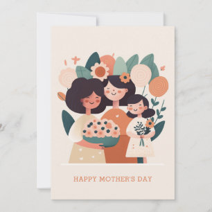 Tarjeta Festiva Mamá floral de dibujos animados adorable y niñas. 
