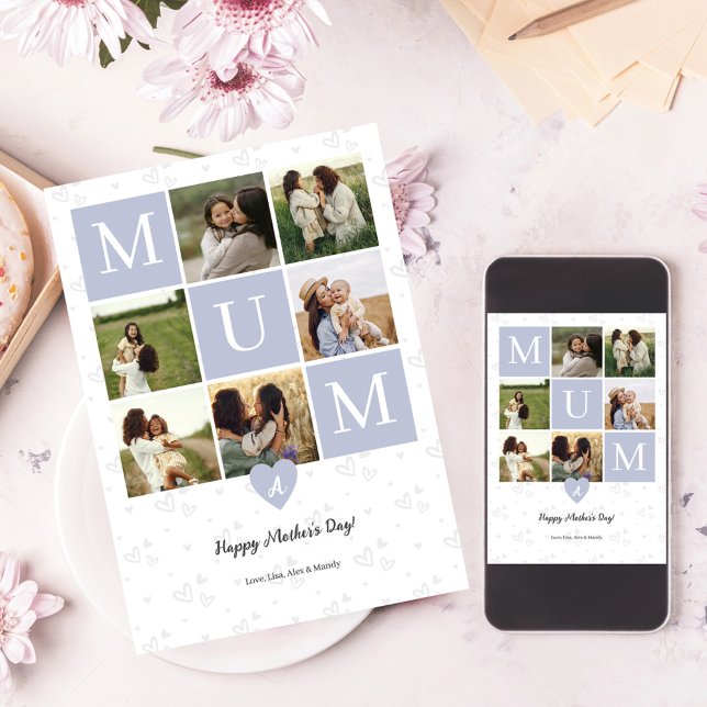 Tarjeta Festiva Mamá Photo Square Gird Monograma y personalizado (Mum Photo Square Gird Monogram & Personalized Holiday Card)