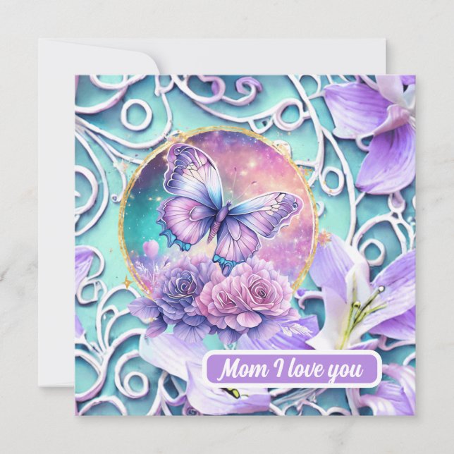 Tarjeta Festiva Mamá te amo Fantasía Mariposa Púrpura Universo (Anverso)