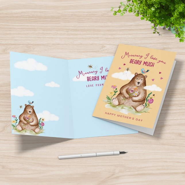 Tarjeta Festiva Mamá, te amo, te aburro mucho de tener que vivir e (Mummy I Love You Beary Much Happy Mothers Day Bear Holiday Card (Front & Inside))