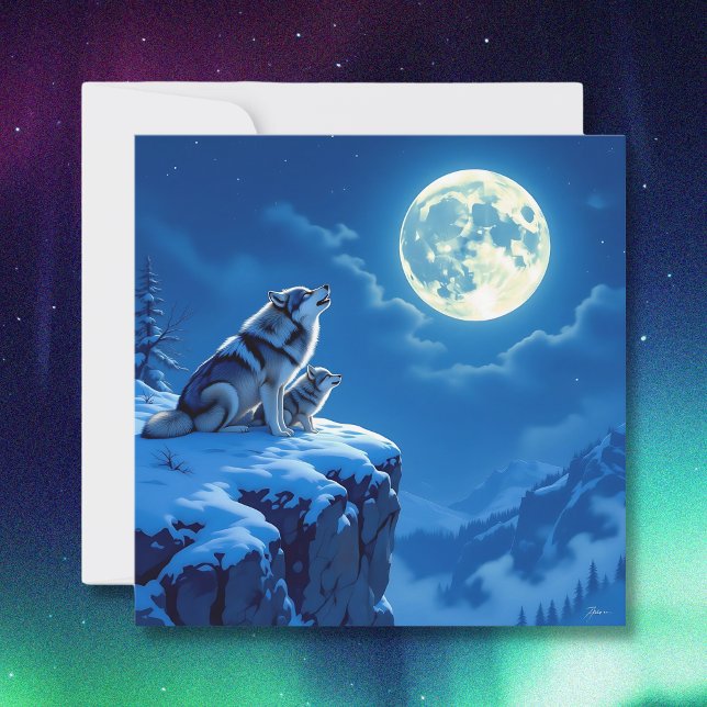 Tarjeta Festiva Mama Wolf y su cachorro en la luna (Subido por el creador)