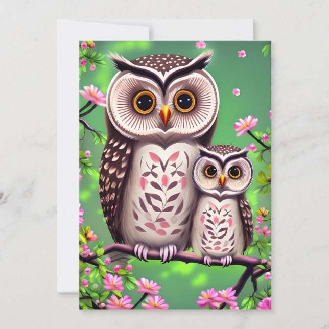 Tarjeta Festiva Mamá y Bebé Lechuza (Anverso)