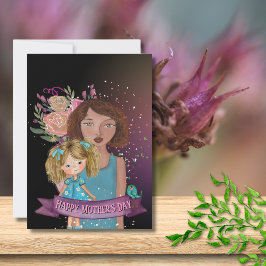 Tarjeta Festiva Mamá y Ilustracion de hija con flores