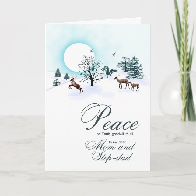 Tarjeta Festiva Mamá y padrastro, Navidades con renos (Anverso)