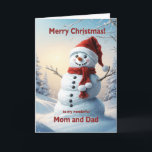 Tarjeta Festiva Mamá y papá Navidades Snowman<br><div class="desc">Escena de invierno festiva que muestra a un muñeco de nieve alegre con un gorra rojo y bufanda. Deséenle a tu madre y a tu padre una feliz Navidad con una hermosa tarjeta de snowman.</div>