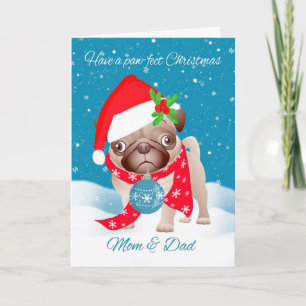 Tarjeta Festiva Mamá Y Papá, Pug Perro Con Sombrero De Papá Noel Y
