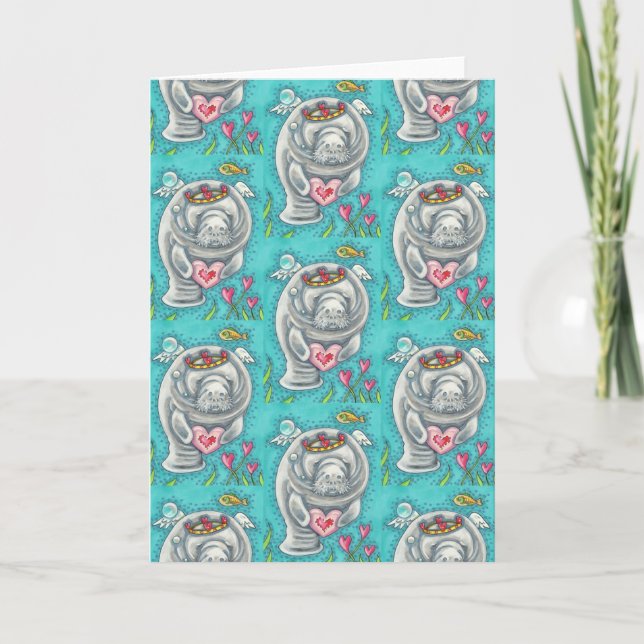 TARJETA FESTIVA MANATEE CUPID, BURBUJAS Y CORAZONES DE VALENTINA C (Anverso)