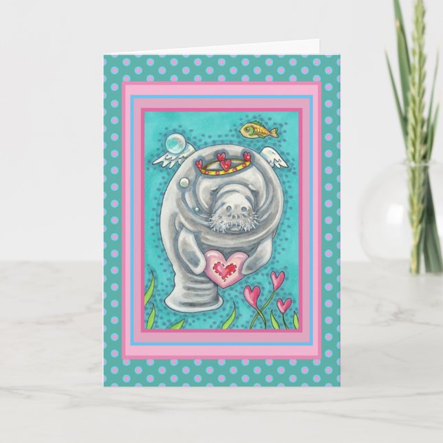 TARJETA FESTIVA MANATEE CUPID, BURBUJAS Y CORAZONES DE VALENTINA C (Anverso)