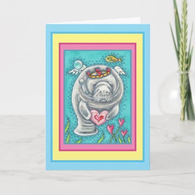 TARJETA FESTIVA MANATEE CUPID, BURBUJAS Y CORAZONES VALENTINA COLO (Anverso)