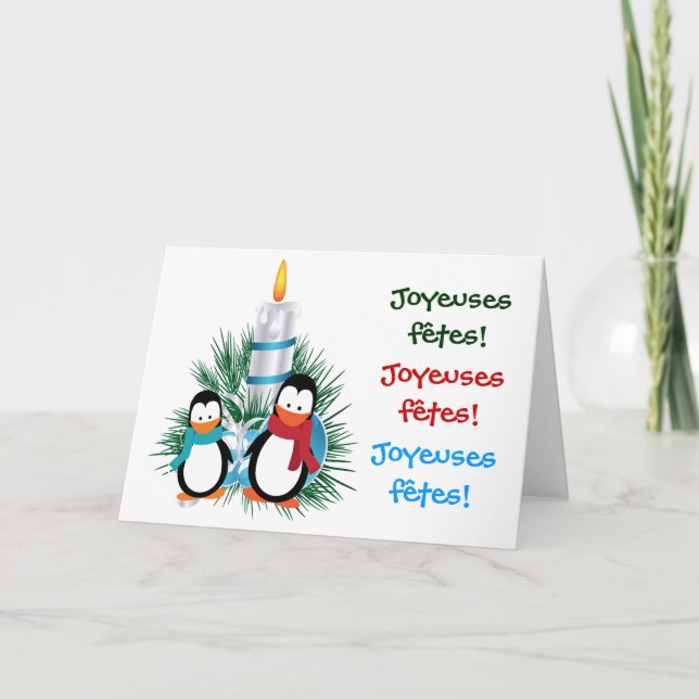Tarjeta Festiva Manchots de Noël y cartas de la vela (Anverso)