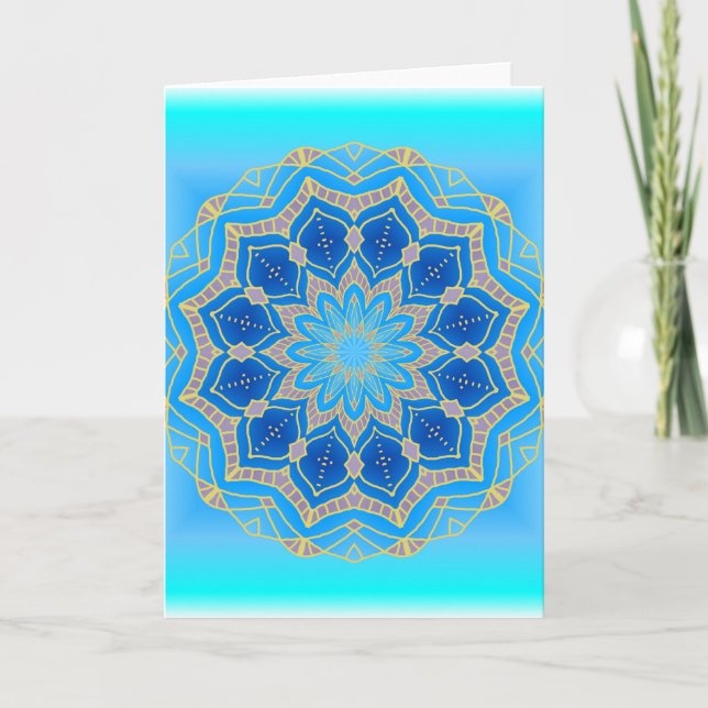 Tarjeta Festiva Mandala de Lotus en turquesa y azul (Anverso)