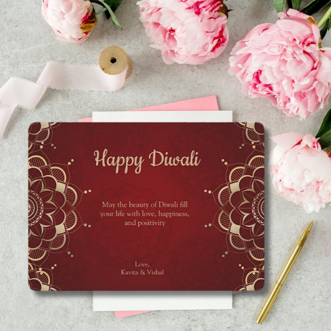 Tarjeta Festiva Mandala de oro rojo Diwali personalizada (Subido por el creador)