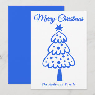 Tarjeta Festiva Mano azul real y caprichosa dibuja árbol de Navida