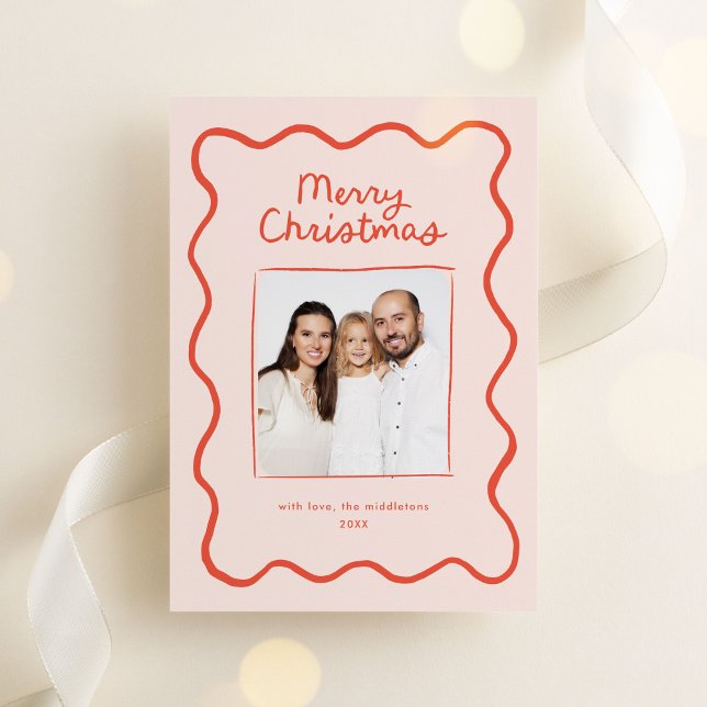 Tarjeta Festiva Mano caprichosa dibuja foto de Navidades de fronte (whimsical, quirky Christmas photo card with hand drawn doodle border in orange)