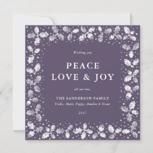 Tarjeta Festiva Mano cuadrada morada impresa Holly Peace Love + Jo