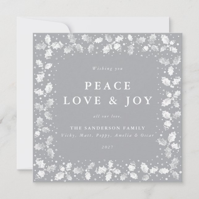 Tarjeta Festiva Mano gris cuadrada impresa Holly Peace Love + Joy (Anverso)