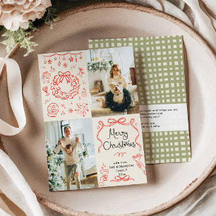 Tarjeta Festiva Mano moderna dibujada dobla la foto de Boho Merry