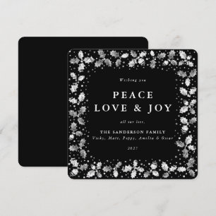 Tarjeta Festiva Mano negra cuadrada impresa Holly Peace Love + Joy