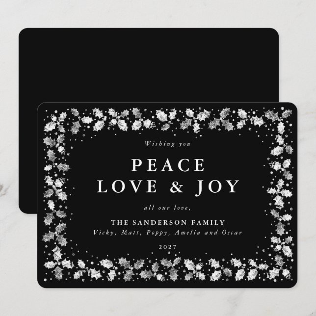 Tarjeta Festiva Mano Negra Impresa Holly Peace Love + Joy (Anverso / Reverso)