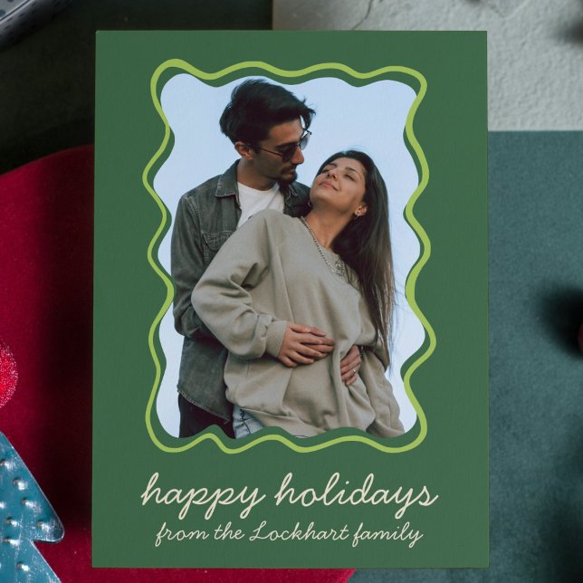 Tarjeta Festiva Mano ondulada dibujada con una extraña y caprichos (wavy hand drawn boarder photo holiday christmas card modern whimsical )