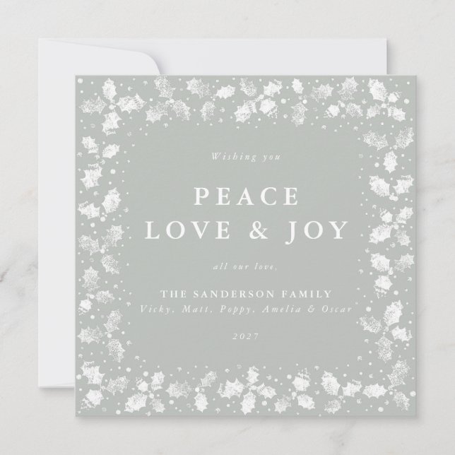 Tarjeta Festiva Mano verde cuadrada impresa Holly Peace Love + Joy (Anverso)