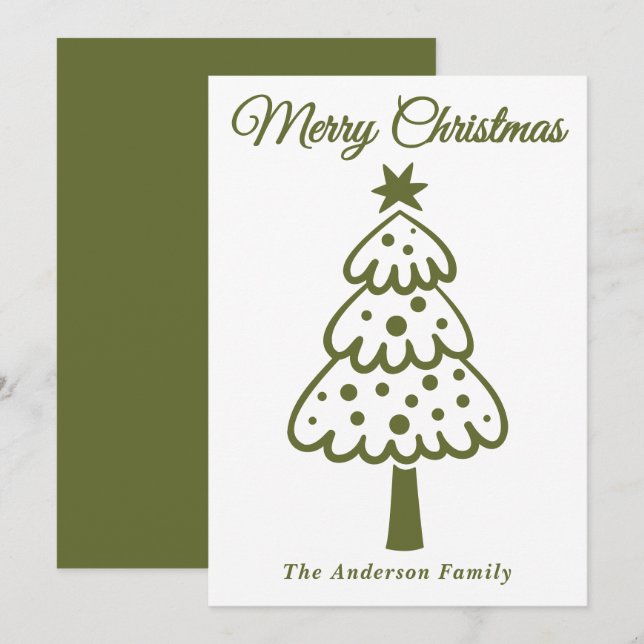 Tarjeta Festiva Mano verde oliva caprichosa dibuja árbol navideño (Anverso / Reverso)