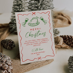 Tarjeta Festiva Mano verde rojo vintage retro dibujada Feliz Navid