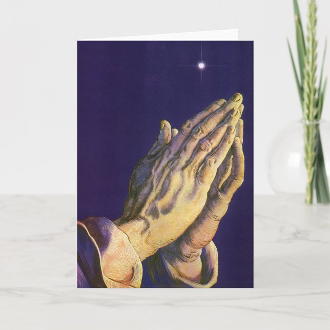 Tarjeta Festiva Manos antiguas orando con la estrella de Belén (Anverso)