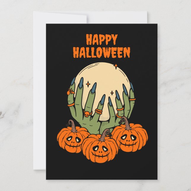 Tarjeta Festiva Manos de bruja con calabaza de Halloween  (Anverso)