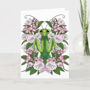 Tarjeta Festiva Mantis De Oración Adorables Y Laurel De Montaña