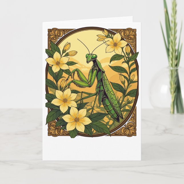 Tarjeta Festiva Mantis Y Flores De Jazmín Amarillo (Anverso)