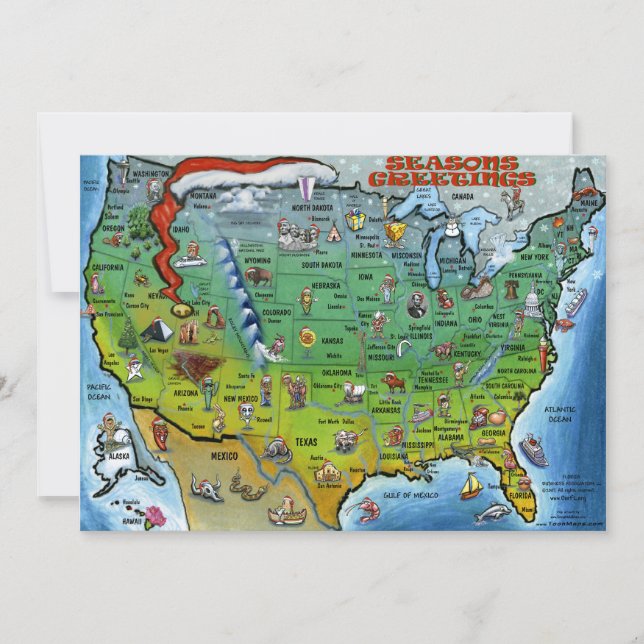 Tarjeta Festiva Mapa de Navidades de Estados Unidos (Anverso)