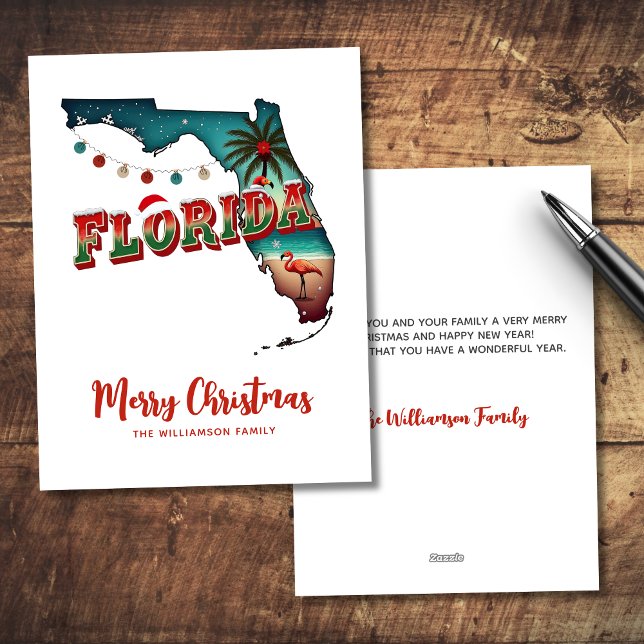 Tarjeta Festiva Mapa de Navidades del estado de Florida (Personalize with your own text and family name via template.  Matching items available)