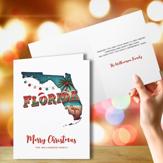 Tarjeta Festiva Mapa de Navidades del estado de Florida (Personalize front and inside message.  Interior message can be deleted.  Matching items available)