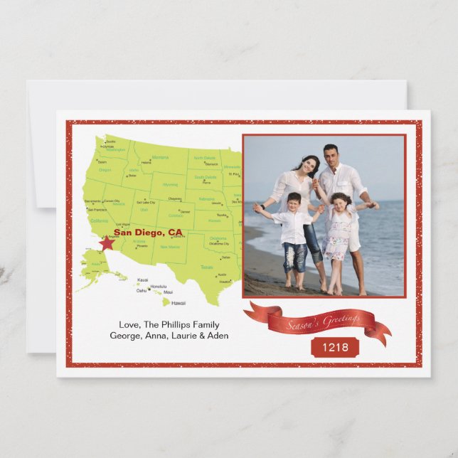 Tarjeta Festiva Mapa fotográfico de vacaciones en la Costa Oeste (Anverso)