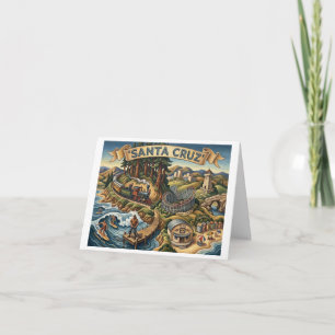 Tarjeta Festiva Mapa Ilustrado de Santa Cruz California Muelle UCS