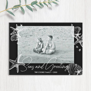 Tarjeta Festiva Mar y Saludos Foto Playa Blanco y Negro