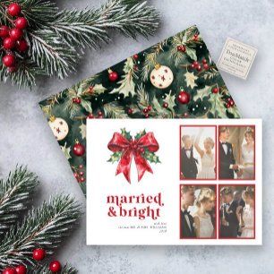 Tarjeta Festiva Marcado y brillante reverso rojo Holly recién casa