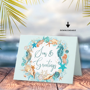 Tarjeta Festiva Marcas de caballito de mar costero y granjas