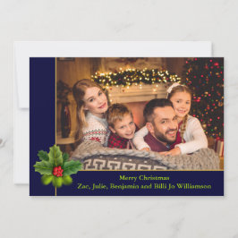 Tarjeta Festiva Marco azul y dorado de los navidades con fotografí