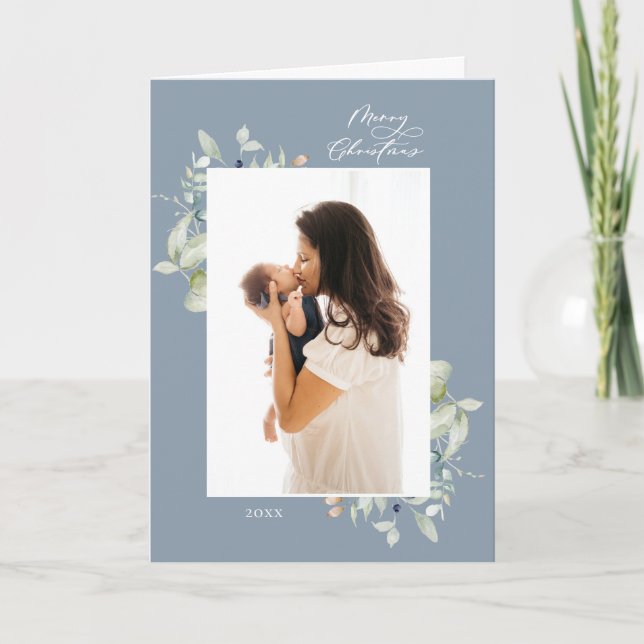 Tarjeta Festiva Marco botánico de invierno ártico 4 Foto Dusty Blu (Anverso)