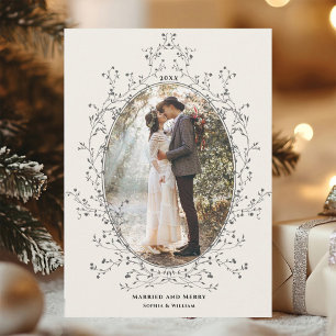 Tarjeta Festiva Marco Botánico Gris Foto de Casados y Alegres