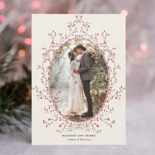 Tarjeta Festiva Marco Botánico Rojo Elegante Foto de Casados y Fel