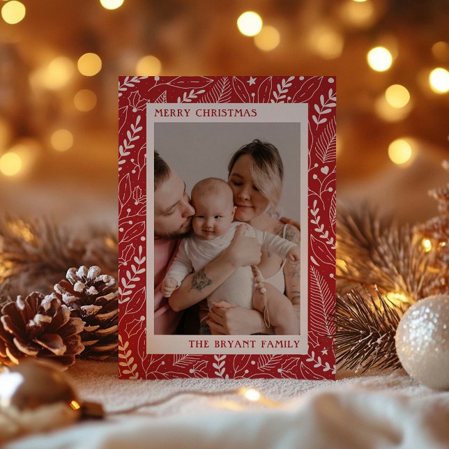 Tarjeta Festiva Marco de Arte con Acebo Rojo Moderno y Hojas (Subido por el creador)