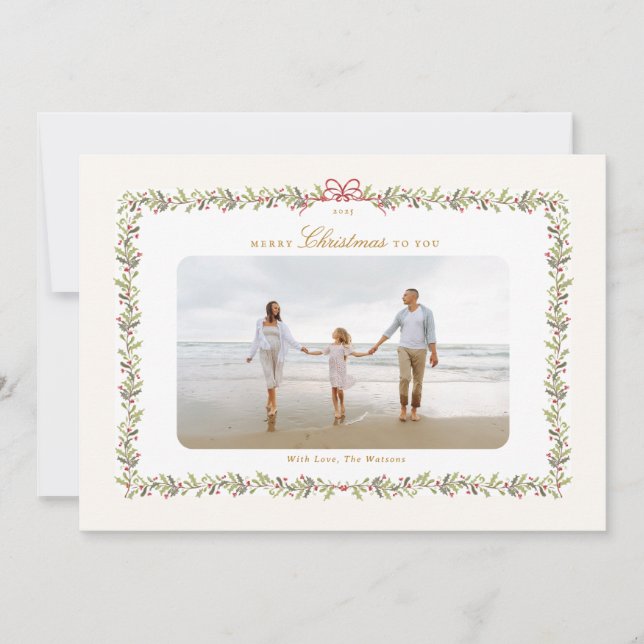 Tarjeta Festiva marco de foto botánica de los navidades tradiciona (Anverso)