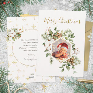 Tarjeta Festiva Marco de foto de bolas de algodón Sage Gold Navida