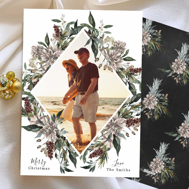 Tarjeta Festiva Marco de foto de Navidades elegantes con flores bl (Subido por el creador)