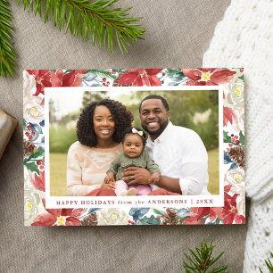 Tarjeta Festiva Marco de Foto de Poinsettia con Acuarela Rústica