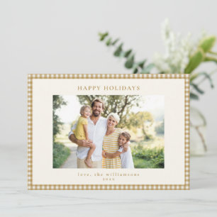 Tarjeta Festiva Marco de Foto Familiar de Cuadros Amarillo Mostaza